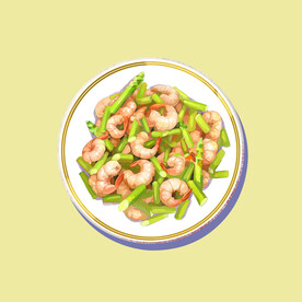 插画蒜苔炒虾仁