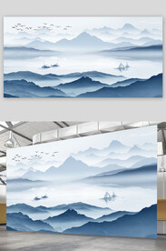 山水水墨画船背景