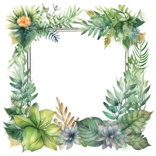 叶片树叶的边框水彩画风格插画