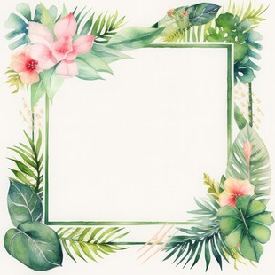 叶片树叶的边框水彩画风格插画