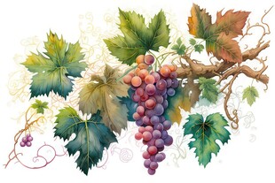 紫色葡萄叶子藤蔓植物水彩插画