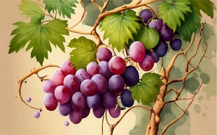 紫色葡萄叶子藤蔓植物水彩插画