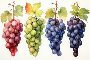 紫色葡萄叶子藤蔓植物水彩插画