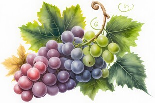 紫色葡萄叶子藤蔓植物水彩插画