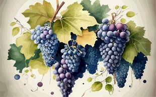 紫色葡萄叶子藤蔓植物水彩插画