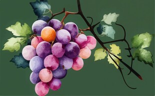 紫色葡萄叶子藤蔓植物水彩插画