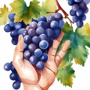 紫色葡萄叶子藤蔓植物水彩插画