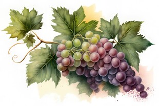 紫色葡萄叶子藤蔓植物水彩插画