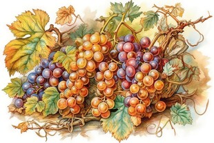 紫色葡萄叶子藤蔓植物水彩插画