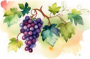 紫色葡萄叶子藤蔓植物水彩插画