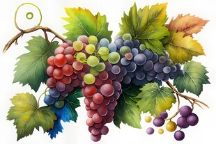 紫色葡萄叶子藤蔓植物水彩插画