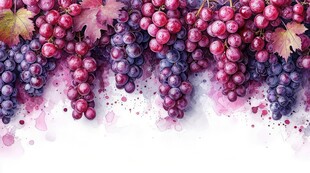 紫色葡萄叶子藤蔓植物水彩插画