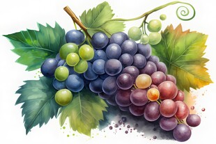 紫色葡萄叶子藤蔓植物水彩插画