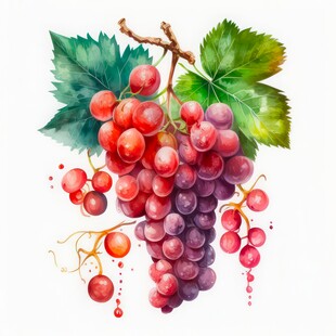 紫色葡萄叶子藤蔓植物水彩插画