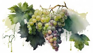 紫色葡萄叶子藤蔓植物水彩插画