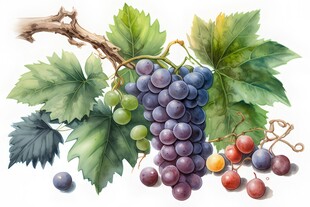 紫色葡萄叶子藤蔓植物水彩插画