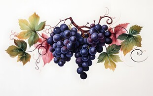 紫色葡萄叶子藤蔓植物水彩插画