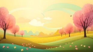 户外景色草地树木卡通插画背景图