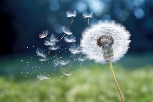 创意草地露珠蓝天吹散的蒲公英