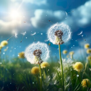 创意草地露珠蓝天吹散的蒲公英