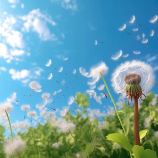 创意草地露珠蓝天吹散的蒲公英