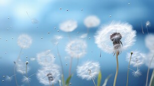 创意草地露珠蓝天吹散的蒲公英