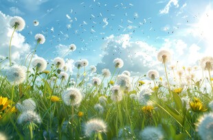 创意草地露珠蓝天吹散的蒲公英