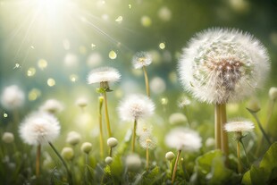 创意草地露珠蓝天吹散的蒲公英