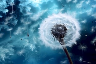 创意草地露珠蓝天吹散的蒲公英