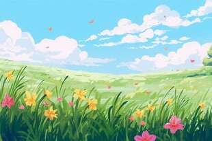 明媚清晨鲜花蝴蝶菊花叶子草地图