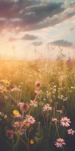 明媚清晨鲜花蝴蝶菊花叶子草地图