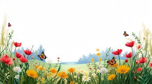 明媚清晨鲜花蝴蝶菊花叶子草地图