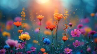 明媚清晨鲜花蝴蝶菊花叶子草地图