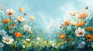 明媚清晨鲜花蝴蝶菊花叶子草地图