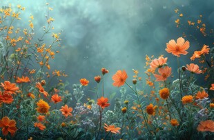 明媚清晨鲜花蝴蝶菊花叶子草地图