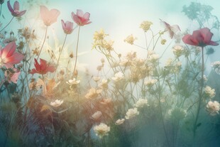 明媚清晨鲜花蝴蝶菊花叶子草地图