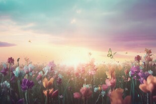 明媚清晨鲜花蝴蝶菊花叶子草地图