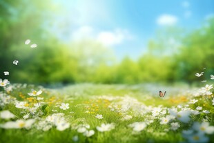 明媚清晨鲜花蝴蝶菊花叶子草地图