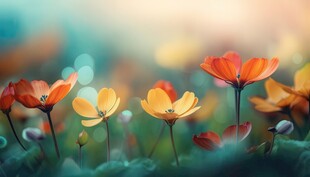 明媚清晨鲜花蝴蝶菊花叶子草地图