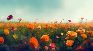 明媚清晨鲜花蝴蝶菊花叶子草地图