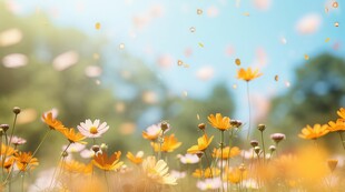 明媚清晨鲜花蝴蝶菊花叶子草地图