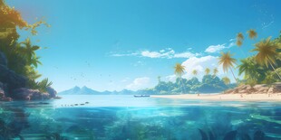 海滩景色云椰子树大海沙滩