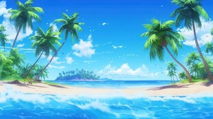 海滩景色云椰子树大海沙滩