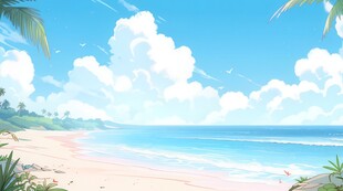 海滩景色云椰子树大海沙滩