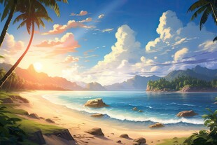 海滩景色云椰子树大海沙滩