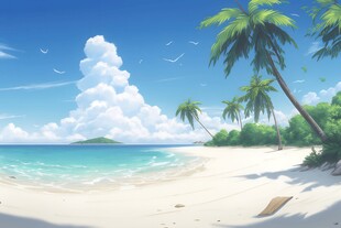 海滩景色云椰子树大海沙滩