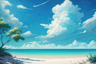 海滩景色云椰子树大海沙滩