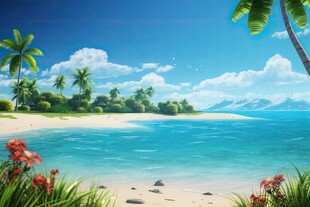 海滩景色云椰子树大海沙滩