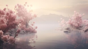 湖面岛屿桃树云彩霞风景