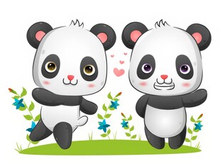 中熊猫一起公园奔跑玩耍